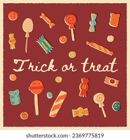 Dripping bloody text Trick or Treat and the candies and sweets on the background, Halloween spooky card design. Vector typography banner, poster, art print design.