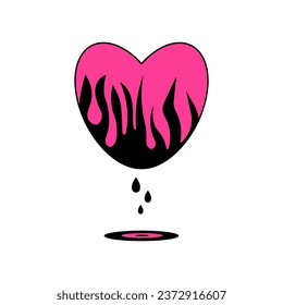 Dripping Broken Heart. Gothic aesthetic in y2k, 90s, 00s and 2000s style. Emo Goth tattoo sticker black white pink colors. Vector illustration