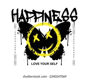 dripping butterfly silhouette , happy emoji icon in spray paint style with happiness slogan, for streetwear and urban style t-shirts design, hoodies, etc