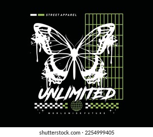 dripping butterfly silhouette in spray paint style with unlimited slogan, for streetwear and urban style t shirt design, hoodies, etc