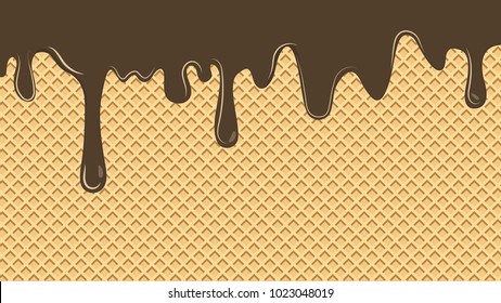 Dripping chocolate ice cream flowing over waffle texture background, vector art and illustration.