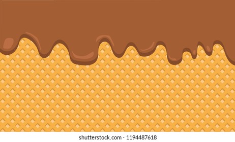 Dripping chocolate ice cream flowing over waffle texture background, vector art and illustration.