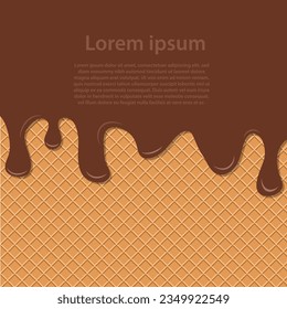 Dripping chocolate ice cream flowing over waffle texture background