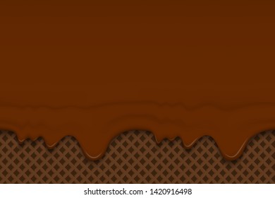 Dripping chocolate ice cream or icing flowing over brown waffle texture background. Cafe menu, food packaging design. Vector illustration.