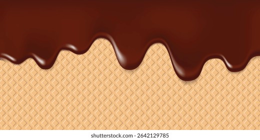 Dripping chocolate ice cream on wafer background, Vector illustration