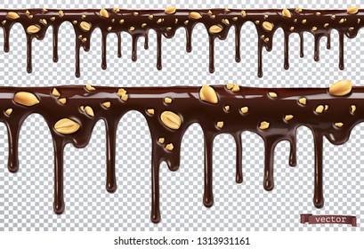 Dripping chocolate with peanut nuts. Melt drip. 3d realistic vector, seamless pattern