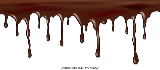 Dripping chocolate repeatable isolated on white, vector art and illustration. Liquid chocolate. Splashes and drops.