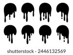 Dripping circle icon. Melting round shape logo. Melted texture label. Silhouette flowing liquid, molten caramel, syrup, sweets, chocolate blobs stickers. Vector collection. Sticky fluid, dirty flow