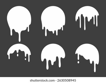 Conjunto de ícones de círculo de gotejamento - várias formas de gotejamento líquido. Silhuetas redondas brancas com efeito de fusão, manchas de vazamento de tinta isoladas fundo escuro. Símbolos geométricos simples, elementos de design fluindo gota.