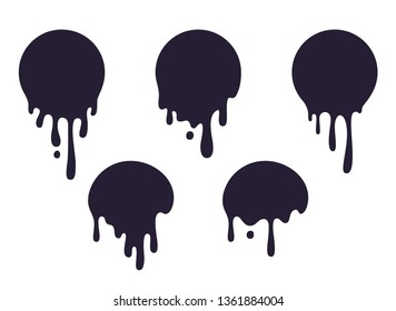 Dripping Circle Paint. Round Liquid Blob Drops, Ink Graffiti Splash Shape, Chocolate Caramel Milk Leak. Vector Circular Paint Black Splatter Spot Set