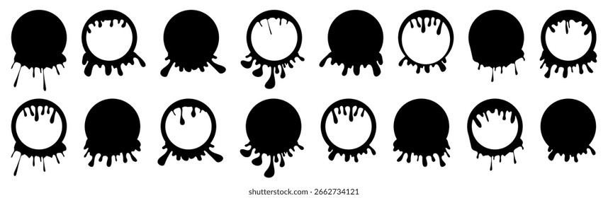 Dripping circle shapes. Set of black dripping circles in different melting styles. Ideal for horror, slime, or paint design themes