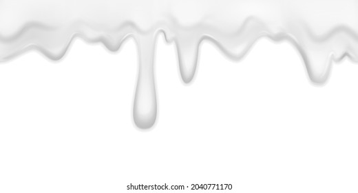 Dripping cream. Milk yogurt cream border with drops, filling white drink dessert, mayonnaise flow, horizontal background melted substance, fluid wave. Vector isolated realistic illustration