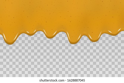 Dripping Curry Sauce Isolated On A Transparent Background. Vector Illustration Realistic Yellow Spreading Dripping Curry Sauce. Delicious Ingredient Food Spicy Spice. Mustard Texture For Design.