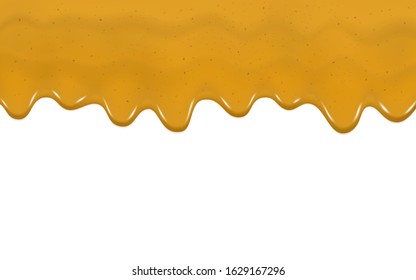 Dripping Curry Sauce Isolated On A White Background. Vector Illustration Realistic Yellow Flowing Dripping Curry Sauce. Delicious Ingredient Food Spicy Spice. Mustard Texture For Design.