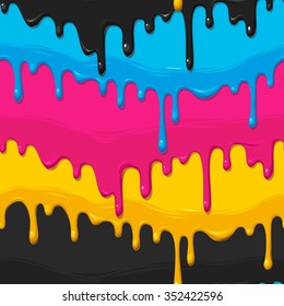 Dripping cyan, magenta, yellow and black paint vector seamless background