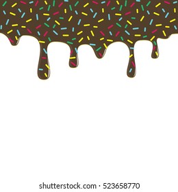 Dripping donut glaze background. Chocolate liquid sweet flow, tasty dessert topping with colorful sprinkles. Doughnut or ice cream drips. Vector eps8 illustration with blank white space.