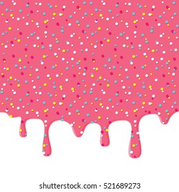 Dripping donut glaze background. Pink liquid sweet flow, tasty dessert topping with colorful sprinkles. Doughnut or ice cream drips. Vector eps8 illustration with blank white space.