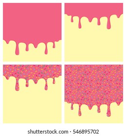 Dripping donut glaze square backgrounds set. Pink liquid sweet flow, tasty dessert topping with colorful sprinkles. Doughnut or ice cream drips. Vector eps8 illustration with blank copy space.