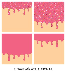 Dripping donut glaze square backgrounds set. Pink liquid sweet flow, tasty dessert topping with colorful sprinkles. Doughnut or ice cream drips. Vector eps8 illustration with blank copy space.