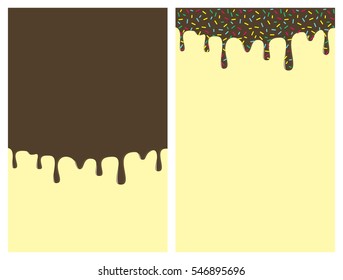 Dripping donut glaze vertical backgrounds set. Chocolate liquid sweet flow, tasty dessert topping with colorful sprinkles. Doughnut or ice cream drips. Vector eps8 illustration with blank copy space.