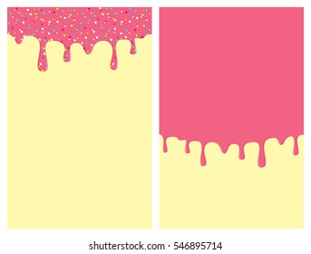 Dripping donut glaze vertical backgrounds set. Pink liquid sweet flow, tasty dessert topping with colorful sprinkles. Doughnut or ice cream drips. Vector eps8 illustration with blank copy space.