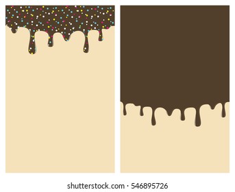 Dripping donut glaze vertical backgrounds set. Chocolate liquid sweet flow, tasty dessert topping with colorful sprinkles. Doughnut or ice cream drips. Vector eps8 illustration with blank copy space.