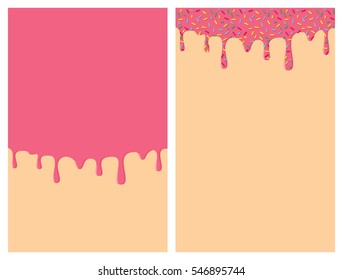 Dripping donut glaze vertical backgrounds set. Pink liquid sweet flow, tasty dessert topping with colorful sprinkles. Doughnut or ice cream drips. Vector eps8 illustration with blank copy space.