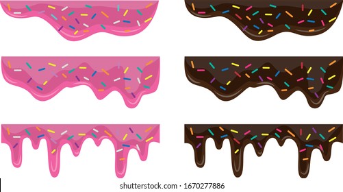 Dripping doughnut glaze collection with isolated images of purple and chocolate jam streaks on blank vector