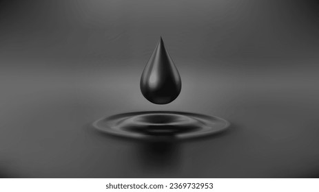 Dripping drop of black oil liquid on dark fluid background with ripple waves. Fuel Icon. Gold. Realistic. Vector illustration