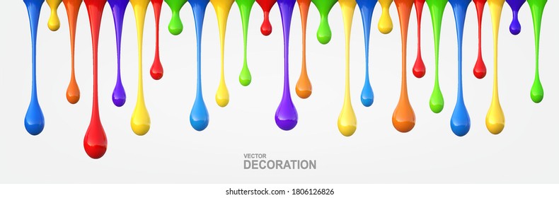 Dripping drops of multicolored acrylic paint.  Colorful rainbow nail polish drops isolated on white background . Modern element for desighn , promotion, presentation, banner 