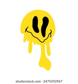 Tropfendes Emoticon im flachen Stil. Lustiges Gesicht auf weißem Hintergrund. Retro Abzeichen, 2000er Abzeichen.