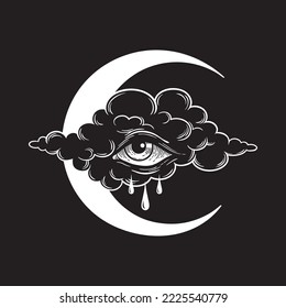 Dripping eye in the cloud with crescent moon, crying skies allseeing eye of god graphic tattoo or print design isolated vector illustration