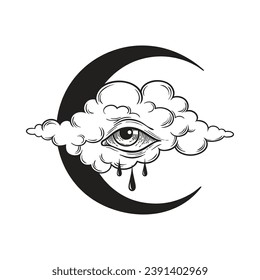 Dripping eye in the cloud with crescent moon, crying skies all seeing eye of god graphic tattoo or print design isolated vector illustration