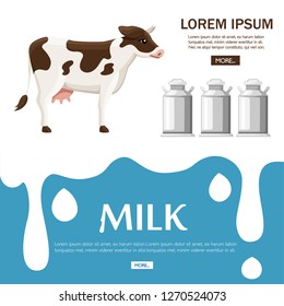 Dripping and flow milk. Splash drop cream or yogurt. Cow and milk cans. Flat vector illustration. Website page and mobile app design. Concept for advertising, place for text.