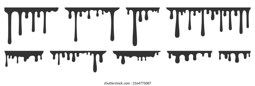 Dripping Frame Melty Liquid Drop Current Black Silhouette Set. Creamy Smooth Texture Juice Honey Yogurt Chocolate Flow Poison Soft Sweet Dessert Graffiti Drop Paint Icon Design Frame Border Isolated