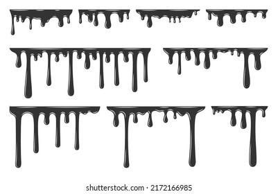 Dripping frame melty liquid drop current black set. Creamy smooth texture juice honey yogurt chocolate flow poison soft sweet dessert graffiti drop paint icon design frame border cartoon isolated