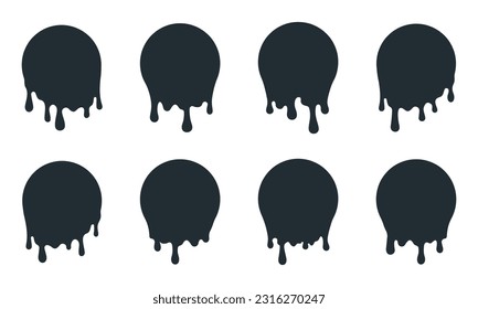 Dripping frames. Black paint fluid drop shapes, messy dripping dark ink elements. Flat vector illustration set