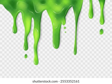 Dripping glossy neon green slime with glitter. Transparent texture with mucus and droplets. Isolated abstract element for creepy backgrounds, Halloween, alien concept. Vector illustration.