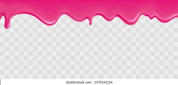 Dripping Glossy Pink Slime Isolated On Transparent Background. Border Of Flowing Sticky Sweet Goo. Vector Template Of Cream, Jelly Or Caramel Glaze For Cake Or Donut.