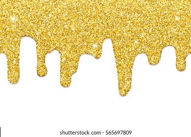 Dripping Gold Glitter, Seamless Border. Repeatable Illustration Of Golden Paint Flow Down