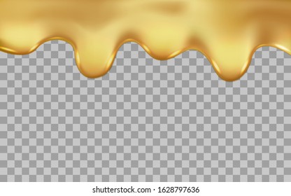 Dripping gold isolated on a transparent background. Vector illustration of molten liquid flowing dripping gold. Spreading yellow metal fluid template texture for design.