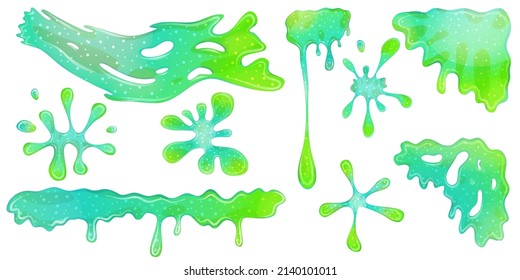 Dripping green goo slimes isolated in set. Slimes are corner and splash, flow of muscus. Green colorful jelly for playing. Cartoon vector illustration