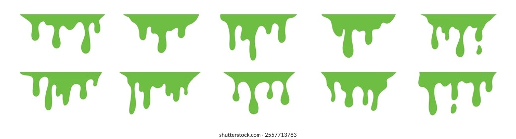 Dripping green goo with splashes and blot effects. Mucus texture blobs. Flat vector illustration isolated on white background.