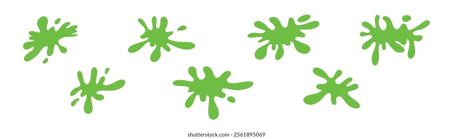 Dripping green goo with splashes and blot effects. Mucus texture blobs. Flat vector illustration isolated on white background.