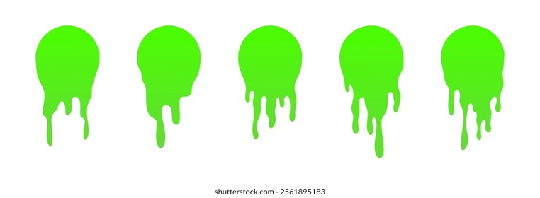 Dripping green goo with splashes and blot effects. Mucus texture blobs. Flat vector illustration isolated on white background.