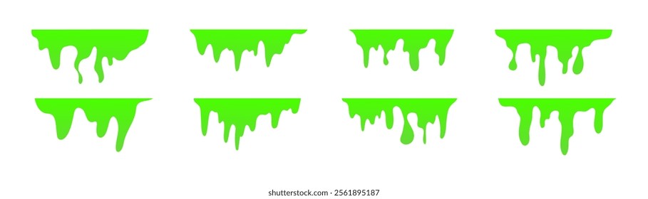 Dripping green goo with splashes and blot effects. Mucus texture blobs. Flat vector illustration isolated on white background.