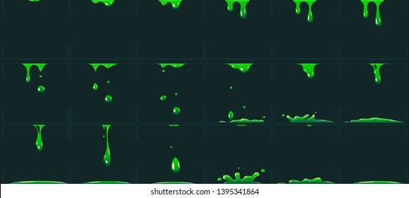 Dripping green slime animation. Cartoon animated toxic waste liquid. Acid or poison drip drop fx sprite vector illustration