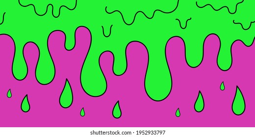 Grüner Schleim mit Tropfen auf violettem Hintergrund, radioaktive Flüssigkeit mit Tropfen, fließend, Vektorgrafik.