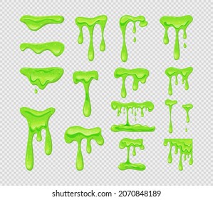 Dripping green slime set.Collection of blots, splashes and smudges. Vector cartoon illustration of sticky liquid.Transparent background.