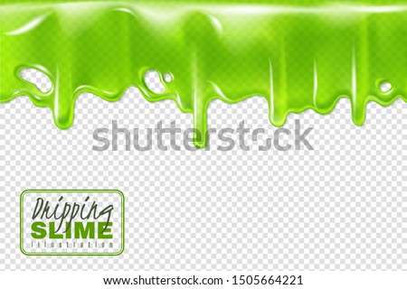 Dripping green slime. Slimy toxic drips isolated, goo flow and mucus fluid. Liquid decoration borders 3d halloween vector painted ghost flowing stain background